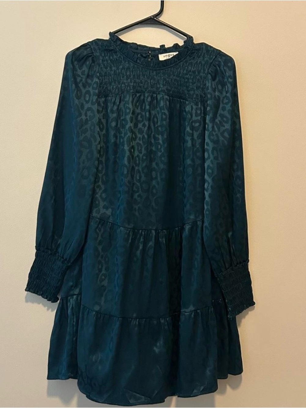 Umgee green Satin Leopard Jacquard Tiered Long Sleeve Dress